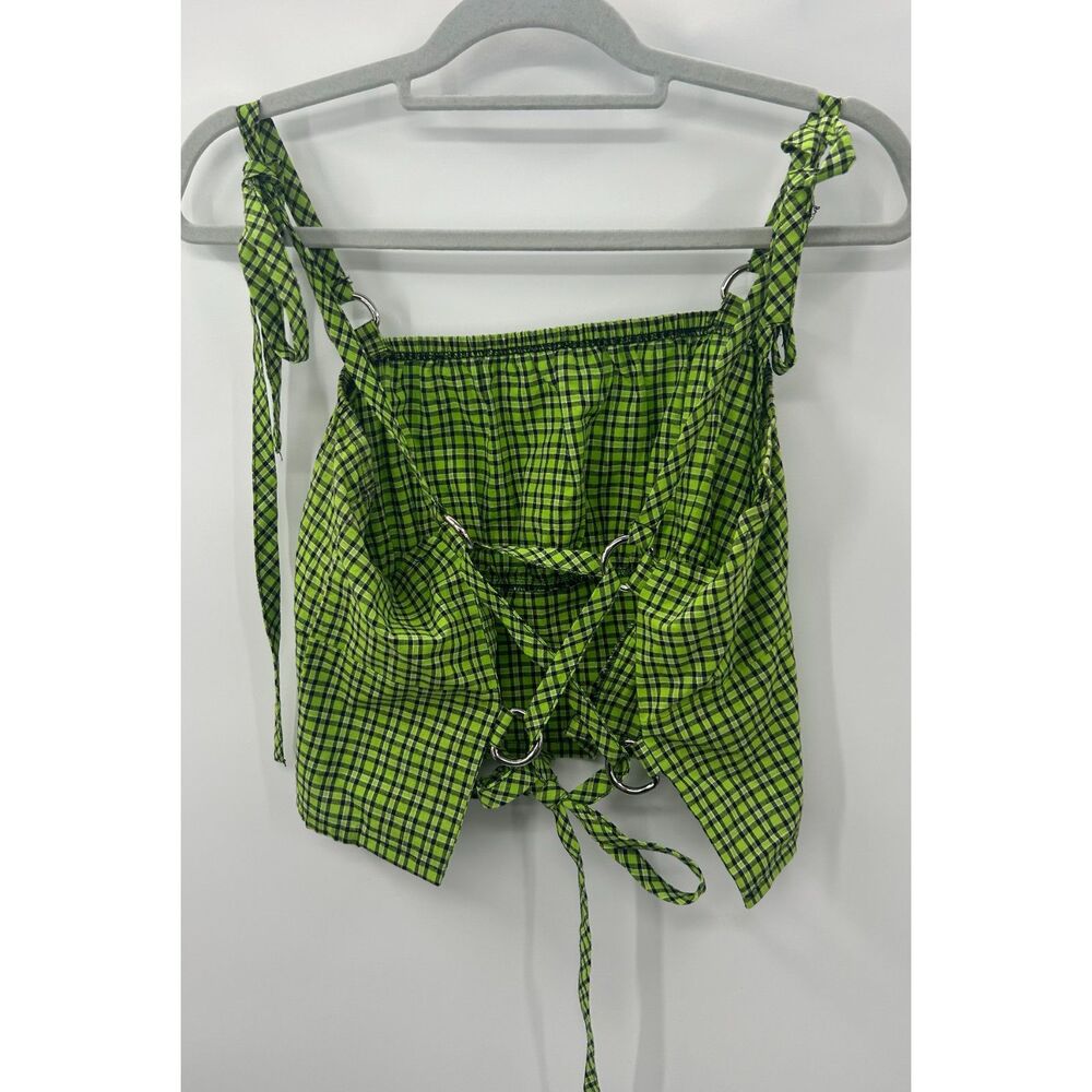 The Ragged Priest Plaid Gingham Cropped Tie Tank Top M O Ring Green Black - Picture 3 of 4